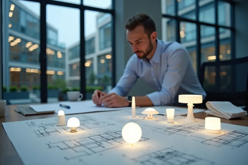 architect reviewing commercial led lighting options for modern building design