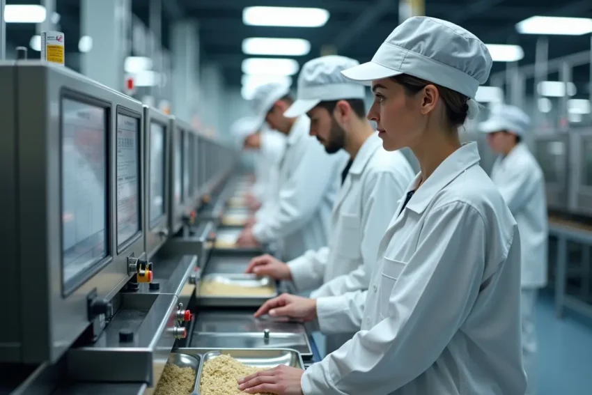workers operating essential food manufacturing equipment in modern production facility